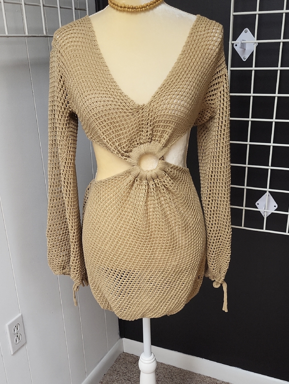 Khaki Tan Crochet Cutout Mini Dress, Size M